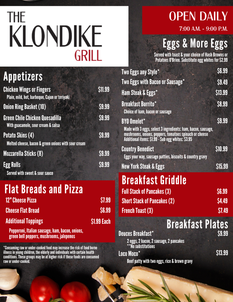 Klondike Grill Menu Page 1